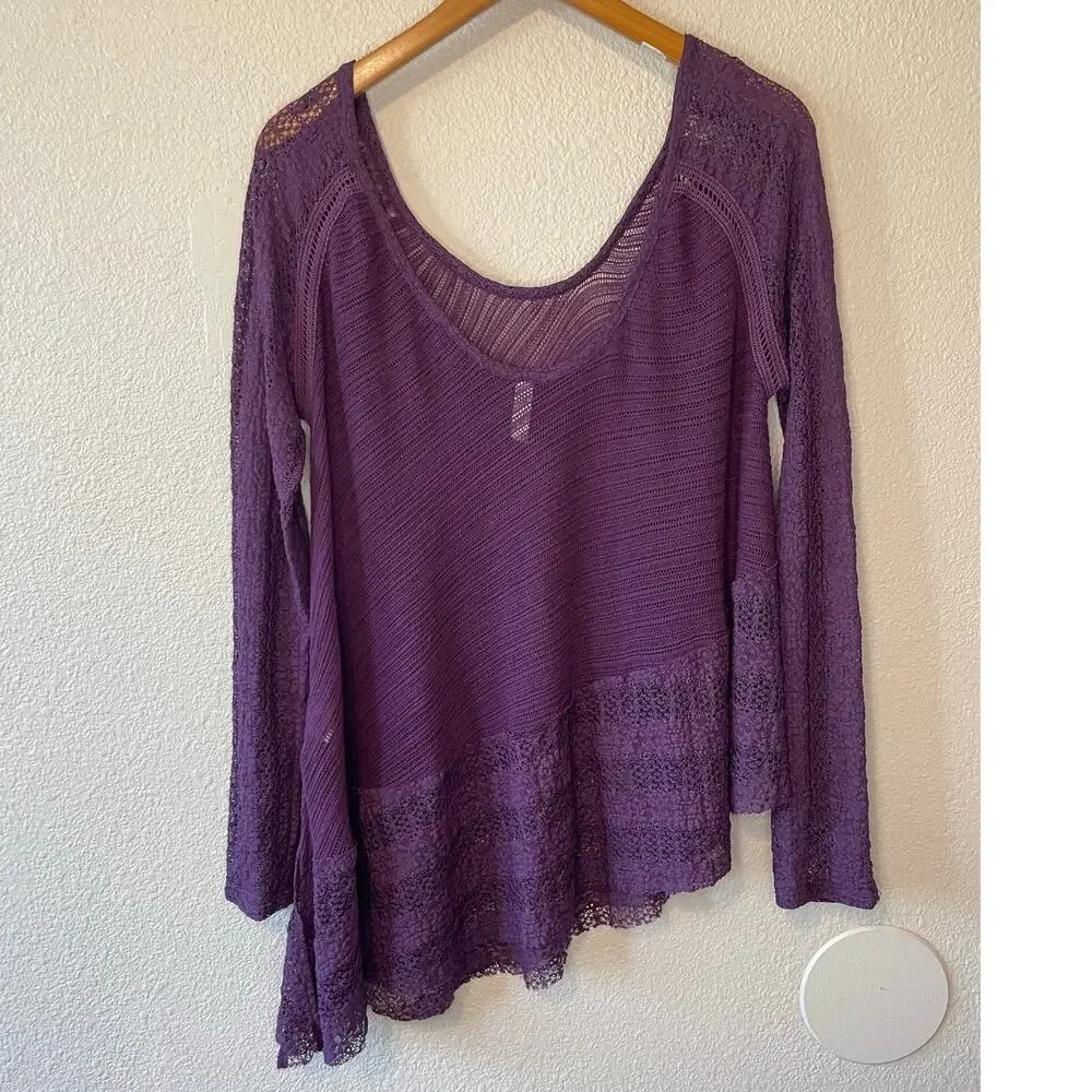 Free People Boho Purple Mesh Lace Asymmetrical Hem Long Sleeve Blouse Small